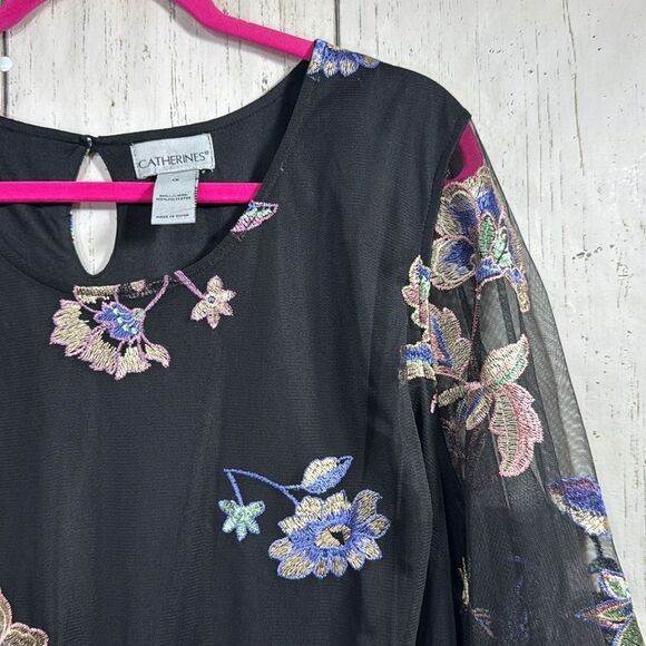 Catherines Black Floral Embroidered Mesh Blouse Womens 4X Elegant Boho Romantic - Picture 3 of 16